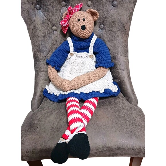 Vintage BIG Hand Crocheted Stuffed Teddy Bear Americana Girl Draft Blocker 32" H - Picture 4 of 7